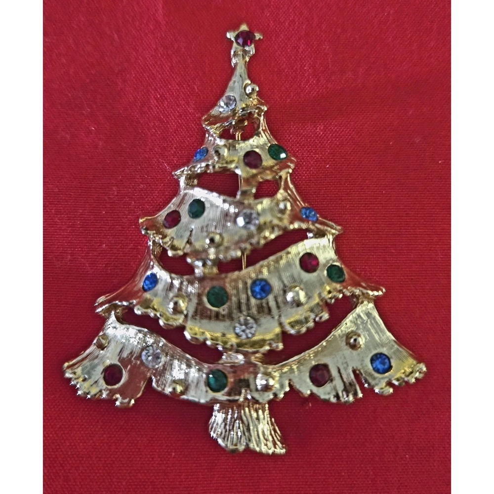 Vint 80s Christmas Tree Brooch Textured Colored Rhinestones Tiered Holiday Pin